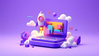 Creative Laptop Rocket Launching Abstract Data Visualization Elements in Purple Background