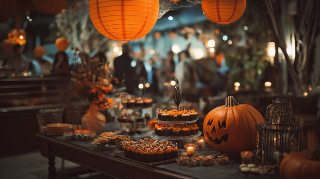 Halloween party dessert table with pumpkins lanterns and spooky decorations for event