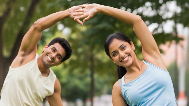 happy couple doing yoga or streaching 