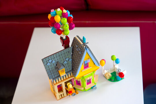 High angle view of built colorful Disney Up Lego set at living room. Photo taken September 27th, 2025, Zurich, Switzerland.