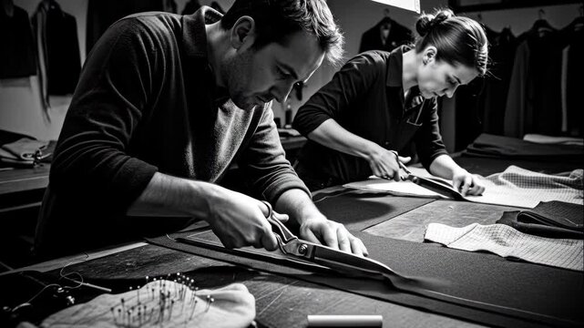 Tailors Cutting Fabric in Workshop - Two professional tailors meticulously cut fabric with sharp scissors in a well-lit workshop.