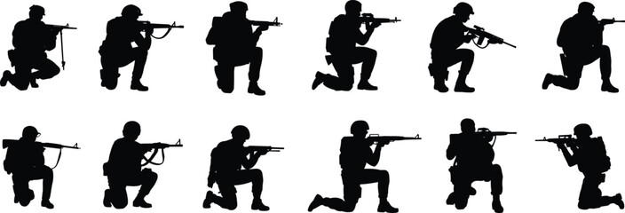 Silhouette of Armed Soldiers in Tactical Kneeling Positions with Rifles – Military Combat Vector for War, Defense, and Training Concepts