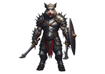 Fototapeta premium A formidable boar warrior stands ready, clad in detailed steel armor, holding sword and shield.