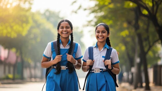 two indian school girl going to school 