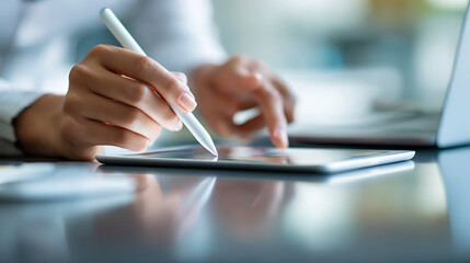 Detailed View of Hands Using Stylus on Tablet Screen with Laptop in Background close-up