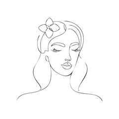 Serene One Line Art Woman Face with Closed Eyes and Flower in Hair Minimalist Beauty