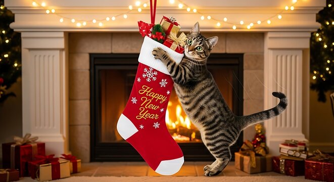 Festive Cat and Christmas Stocking.