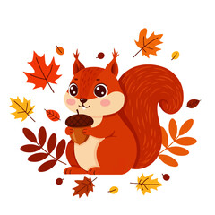 Fototapeta premium Cute Cartoon Squirrel with Acorn and Autumn Leaves.