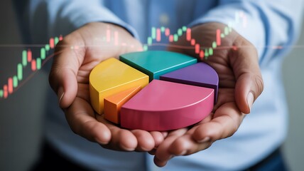 Hands Holding Colorful Pie Chart with Stock Market Graph Overlay