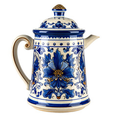 Traditional Hand-Painted Blue and White Ceramic Coffee Pot with Decorative Floral Pattern and Gold Accents
