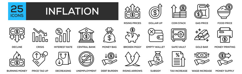 Inflation icon collection set. Containing design Rising Prices, Dollar Up, Coin Stack Growth, Gas Price, Food Price