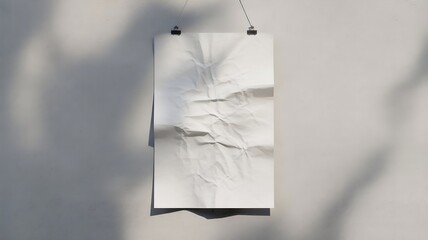 white paper wrinkled poster template ,blank glued creased paper sheet mockup.white poster mockup on wall. empty paper mockup..