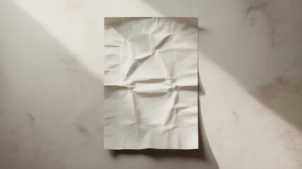 white paper wrinkled poster template ,blank glued creased paper sheet mockup.white poster mockup on wall. empty paper mockup..
