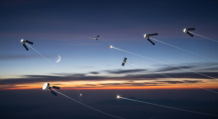 Satellite Constellation Orbiting Earth for Global Communication Network
A dynamic, high-angle illustration of a low Earth orbit (LEO) satellite constellation networking above the planet's atmosphere