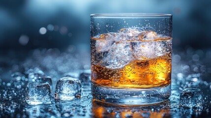 Iced whiskey drink on dark background, bokeh, bar