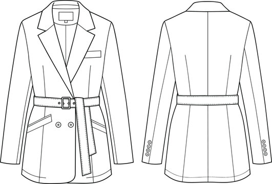 Women's blazer cad drawing flat vector illustration, front and back view, tailored jacket sketch, fashion design, garment construction template