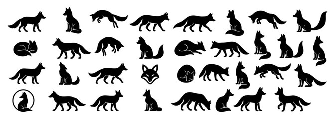 A collection of animal silhouettes, including cats, dogs, and foxes. Scene is playful and whimsical. Vector. Silhouette illustration.