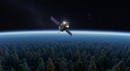 Satellite Orbiting Earth Above Vast Forest Canopy and Horizon.
A dramatic and highly detailed 3D render or digital illustration of a communication or weather satellite in low Earth orbit
