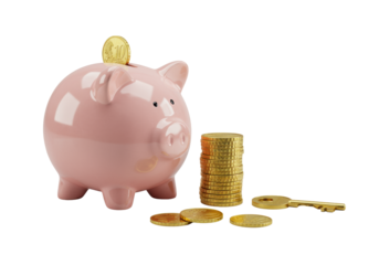 Glossy pink ceramic piggy bank, neat stack of shiny golden 10/20 euro cents, and a polished golden key on transparent, 45-degree angle, high-key. Concept of savings and finance