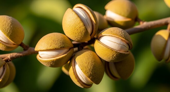 Closeup of a branch with several ripe monguba fruits in the sunlight