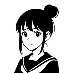 Obraz premium A girl with a bun on her head. She has a serious expression on her face. The image is black and white. Vector. Silhouette illustration.