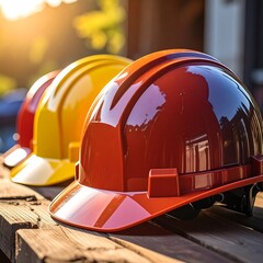 Brightly colored hard hats on a wooden surface