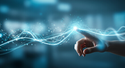 Digital innovation person interacting with glowing abstract technology network data streams