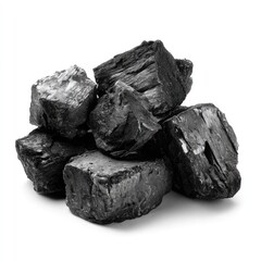 Obraz premium Pile of dark charcoal pieces isolated on white background for energy concept