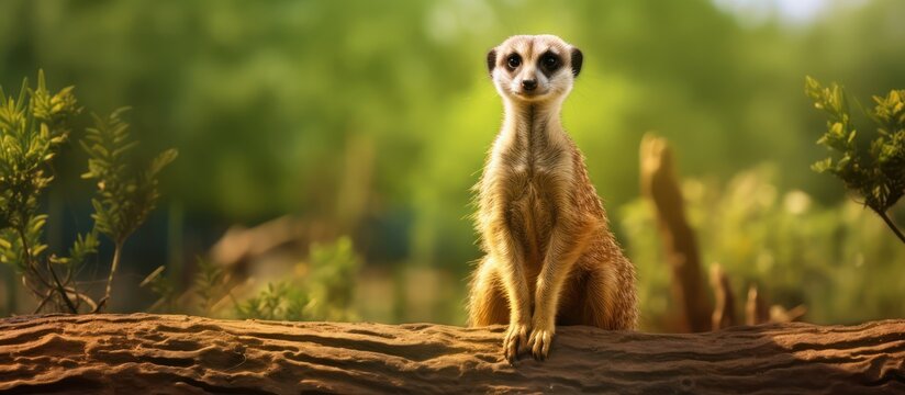 detailed meerkat portrait, sitting on a log, surrounded by lush vegetation, vibrant colors, sharp focus, intricate details, natural lighting, cinematic composition, award-winning wildlife photography