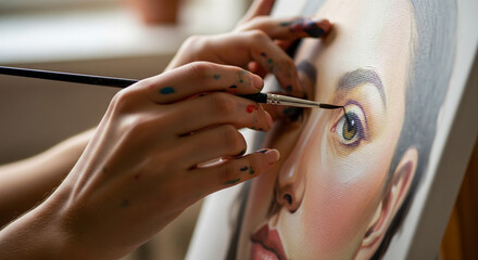 Obraz premium Artist's Hands Painting a Detailed Eye on a Canvas Portrait A tight, horizontal close-up shot showing an artist's hands actively working on a canvas, painting the detail of a realistic eye and eyebro 