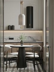 Contemporary dining area with a round black table, elegant chairs, and soft pendant lighting.