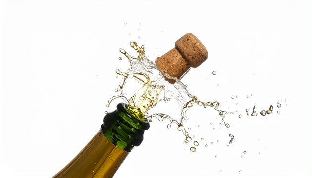 Champagne bottle popping with cork mid-air and spray arcs on neutral background