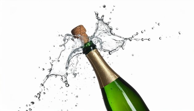 Champagne bottle popping with cork mid-air and spray arcs on neutral background