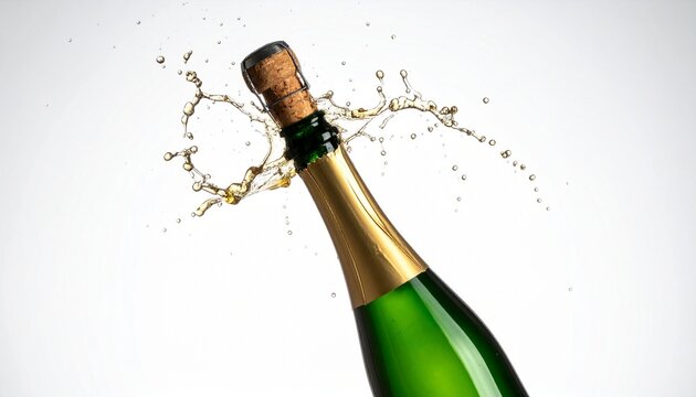 Champagne bottle popping with cork mid-air and spray arcs on neutral background