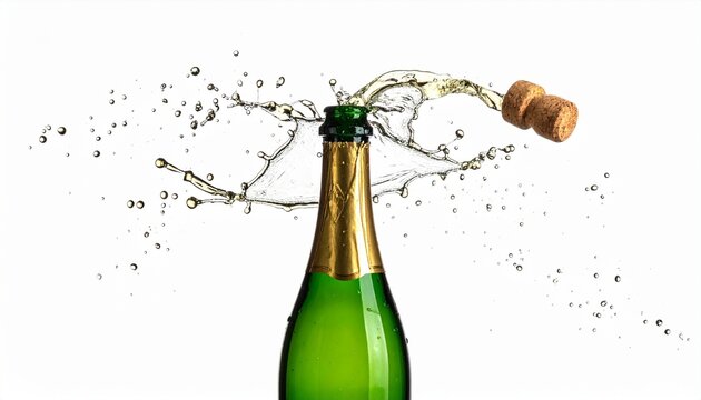 Champagne bottle popping with cork mid-air and spray arcs on neutral background
