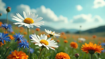 Blossoming wildflowers, including daisies and vibrant orange flowers, bloom gracefully in a sunny field against a backdrop of rolling green hills and a bright blue sky filled with fluffy white...
