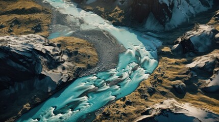 stunning, dramatic, vibrant, ethereal, otherworldly, glacier-fed stream, cascading turquoise waters, rugged mountainous landscape, mossy rocks, mist-shrouded, surreal, breathtaking scenery, natural wo