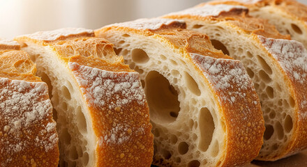 Close-up of Freshly Sliced Baguette Showing Open Crumb Texture
A tempting macro shot of a freshly sliced loaf of artisan bread or baguette, presented in a diagonal arrangement