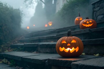 Illuminated Jack O'Lanterns on Stone Steps in Foggy Outdoor Halloween Night Scene