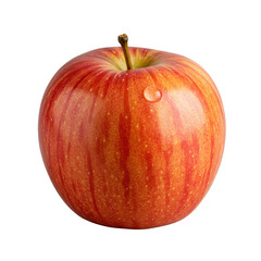 A single, pristine, red and yellow striped Gala apple with a glistening water droplet, 45-degree angle, isolated on a transparent background with high-key lighting, hyper-detailed, concept of premium