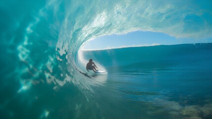 Surfer riding a wave inside a barrel tube surfing ocean.