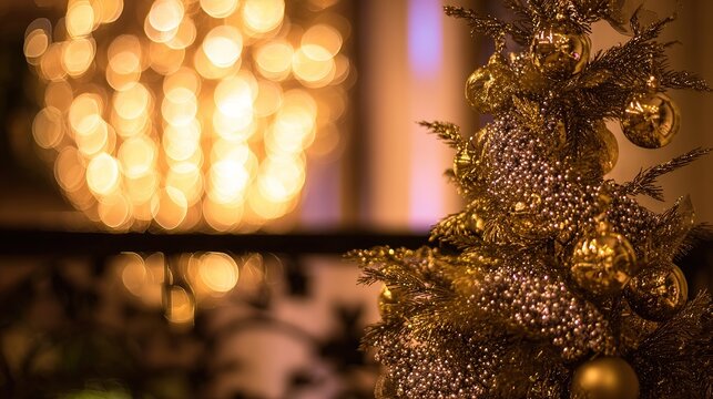 A festively decorated tree adorned with golden ornaments, surrounded by twinkling holiday lights.