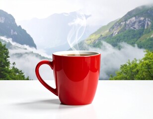Obraz premium A red ceramic mug—steam rising, white surface, misty mountains beyond—rests in morning stillness. A metaphor for warmth and the choreography of solitude through contrast and quiet immersion.