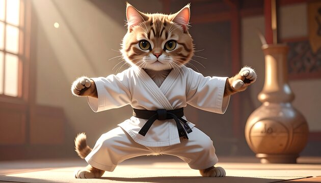 Cartoon cat in karate pose, serene studio setting