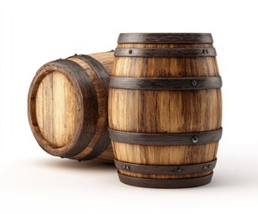 Obraz premium Rustic wooden barrels on white background for beverage or storage