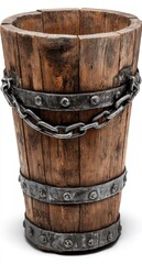 Fototapeta premium Rustic wooden bucket with metal bands and chain handle isolated