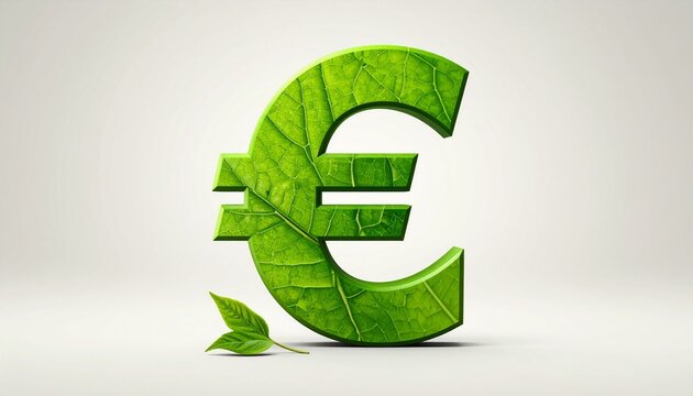 Green leaf-textured Euro symbol with eco theme on light background