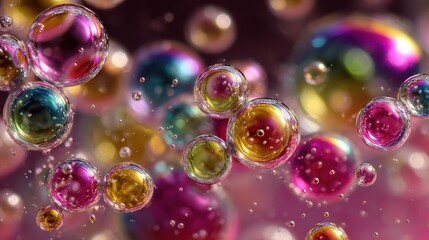 Naklejka premium Close-up image of floating rainbow bubbles, background, wallpaper. 