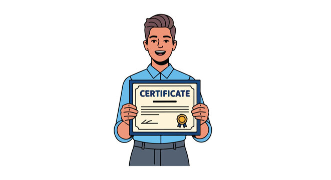 Cartoon illustration of smiling man proudly displaying a certificate of achievement or course completion award - Powered by Adobe