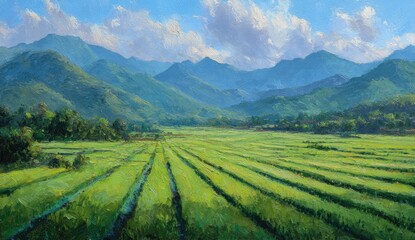 Scenic landscape painting of green fields and mountains under blue sky